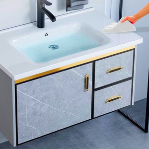 Mobile Bagno di Lusso Moderno Sospeso con Specchio e Lavabo Integrato in Alluminio - Product Image 3