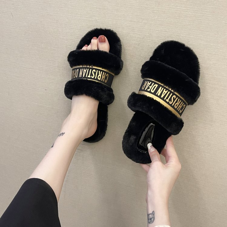 Hot Sell Popular Warm Fur Sandals Cute Slide Ladies Sandals Women Furry Shoes Flat Fluffy Slide luxury name brand Slippers