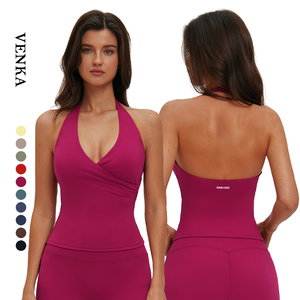 Débardeur de yoga et de fitness pour femme Sevy, style mode, à col halter, décolleté en V profond superposé, dos ajouré, effet amincissant à la taille, avec coussinets de poitrine amovibles - Product Image 1