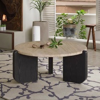 Table basse ronde rétro de luxe, plateau en marbre travertin naturel, table d'appoint légère en bois massif pour petite maison et balcon