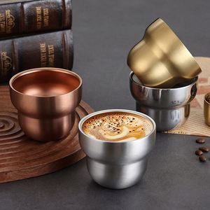แก้วกาแฟเบียร์สแตนเลสสองชั้นไม่มีหูจับ แก้วเครื่องดื่มสำหรับร้านอาหาร แก้วน้ำหนาสีทองสีเงินสไตล์วินเทจ - Product Image 2