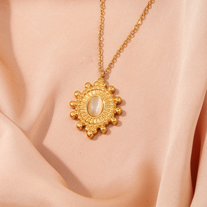 Deslustre joyería libre Memoria Lindia 18K chapado en oro Acero inoxidable diseño ovalado piedra Natural colgante girasol collar - Product Image 6