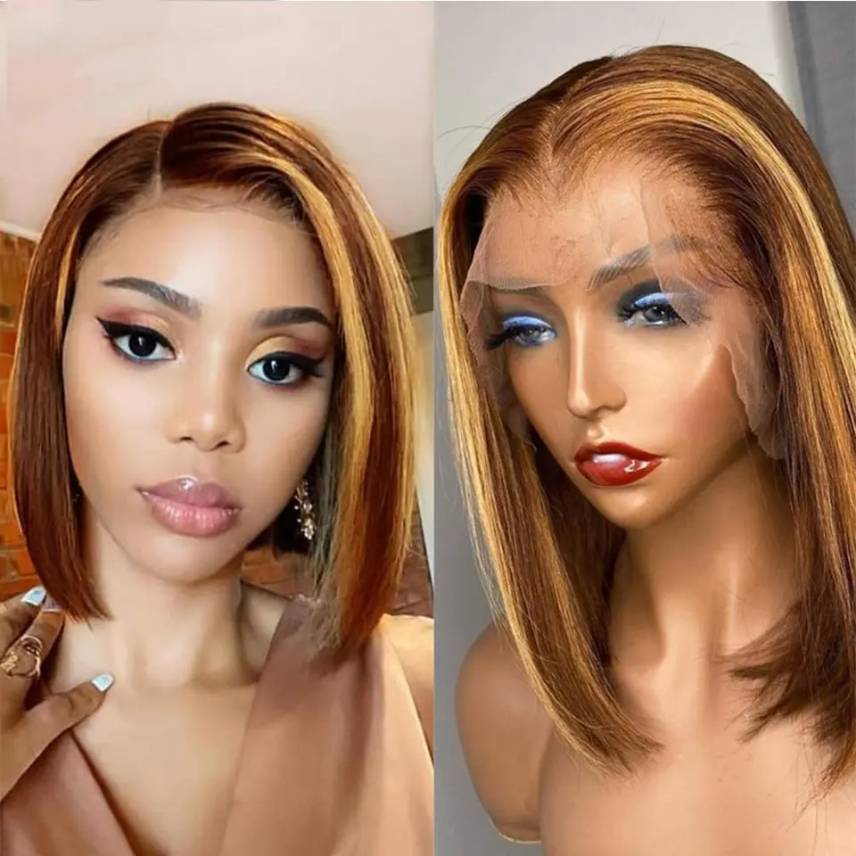 Free Sample Highlight Bob Wig Raw 10A Indian Hair Short Bob Wigs Human Hair Lace Front Blonde HD Lace Frontal Wig For Women