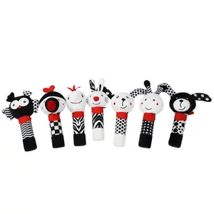 Black and white soft plush animal baby stick Rattle toy with squeakers B126