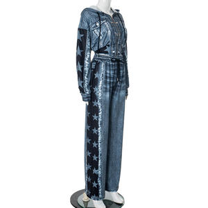 Autumn-Vintage Denim Print Wide-Leg <b>Pants</b> Two-Piece Suit for Women Fashion - Product Image 5