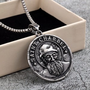 Collier unisexe avec pendentif médaillon double face en acier inoxydable, thème religieux chrétien Saint Charbel, motif géométrique, cadeau - Product Image 1
