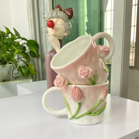 380ml 12.8oz mignon rose lys tulipe doux 3D fleur café thé lait tasse en céramique cadeau créatif tasse avec poignée
