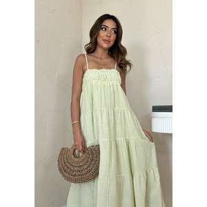 ชุดเดรสผ้ามัสลินลายทางสีเขียวเอวยางยืด สายเดี่ยว ทรงหลวม ระบายอากาศได้ดี สวมใส่สบายทุกวัน ผ้าทอ - Product Image 3