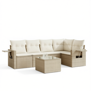 Conjunto de Sofás de Jardín de Mimbre Sintético para 6 Personas, Muebles de Exterior con Vidrio Templado, Diseño Contemporáneo - Product Image 1