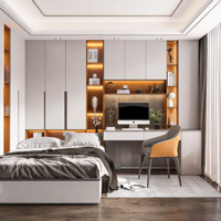 Set Kamar Tidur Tatami Terintegrasi Nordik Lemari Pakaian Meja Belajar LED Penyimpanan Tersembunyi Kustom Hotel Apartemen Vila