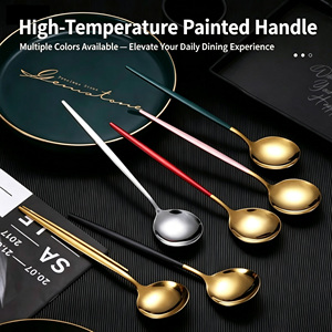 Grande cuillère ronde moderne en acier inoxydable poli miroir, cuillère à mélanger à long manche doré, cuillère à dessert et à riz - Product Image 1