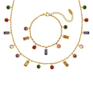 Fashion personality trend niche popular colorful zircon gold square fringe necklace bracelet jewelry set wholesale
