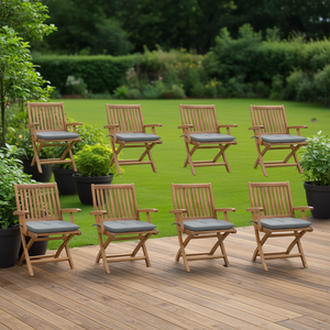 Set di 8 sedie da giardino in legno massello di teak con cuscini grigi, mobili da esterno resistenti, pieghevoli, dal design rustico - Product Image 2