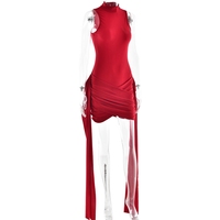 ZHEZHE femmes été élégant robe de soirée de haute qualité sans manches col roulé Mini gland impression numérique pour Boutique