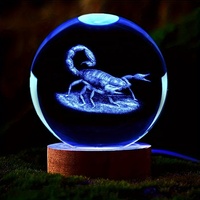 Boule décorative en cristal gravée au laser 3D en forme de scorpion, statue d'insecte en verre avec base, vente en gros