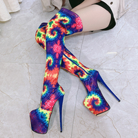 Mode Tie-dye Dames Plate-Forme Chaussures Bottes Longues 19 CM Talons Aiguilles Sexy Pole Dance Chaussures Cuissardes Femmes