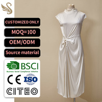 Robe midi en satin blanc sur mesure, col montant, manches courtes, taille froncée avec nœud, robe de soirée élégante, service OEM, marque privée, commande en gros