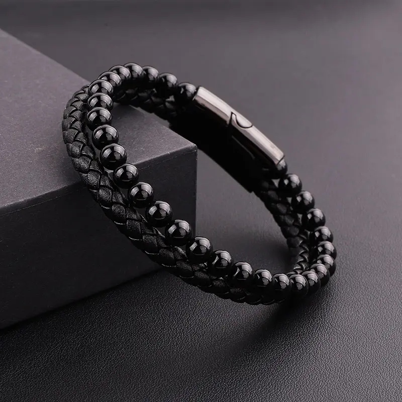 High Quality Men Jewelry Bracelet Natural Stone Handmade Stainless Steel Magnet Clasp Real Genuine Leather JBS11429 Bracelet Men