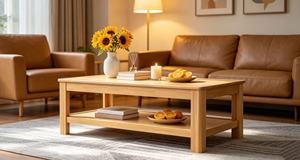 Table basse moderne en bois massif avec étagère de rangement, meubles de salon scandinaves, finition naturelle, table d'appoint basse - Product Image 3