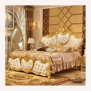 Lujo Palace King Size Bed, Royal Golden King Size Muebles de dormitorio