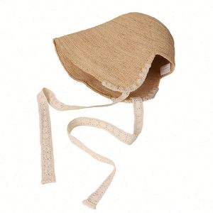 2025 New Arrival Women Summer <b>Sunscreen</b> Straw Sun Hat Hand Crochet Casual Outdoor Travel Raffia Bucket Hat with Lace Strings - Product Image 5