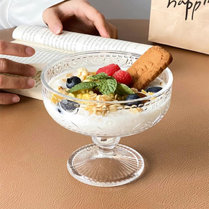 Cangkir Dessert Prancis Mewah Berukir Bergaris, Mangkuk Buah Yoghurt Bertangkai Tinggi, Gelas Es Krim Transparan - Product Image 5