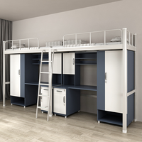 Lit superposé combiné avec bureau, structure métallique, design double étage pour étudiants universitaires, chambre moderne, usage commercial