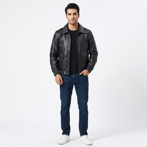 Custom Black Coated Genuine Cow Skin <b>Leather</b> Vintage Hooded Varsity <b>Jacket</b> with Stand Collar and Front Logo for Men - Product Image 1
