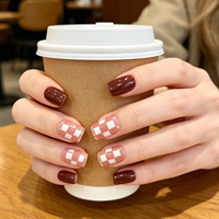 24 stuks wijnrode gouden folie opzetnagels met geruit design, glanzend, herbruikbaar, met lijm, DIY nagelset