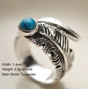 Adjustable Opening Type Vintage <strong>Feather</strong> Natural Stone <strong>Ring</strong> Designs for Men 925 <strong>Silver</strong> - Product Image 2