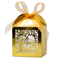 Boîte à bonbons pliable en papier nacré LOVE pour mariage, motif découpé ajouré avec ruban, vente en gros