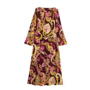 2025 nuovo abito Casual da donna con girocollo a maniche lunghe a campana con stampa floreale Paisley, cravatta in vita naturale per uscite estive quotidiane - Product Image 3