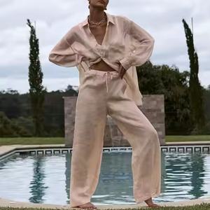 ชุดผ้าลินินคุณภาพสูงแบบลำลองพร้อมโลโก้ OEM ตามสั่ง เสื้อเชิ้ตผ้าลินินติดกระดุมทรงหลวม กางเกงขายาวเอวสูงทรงหลวม ชุดผ้าลินิน - Product Image 4