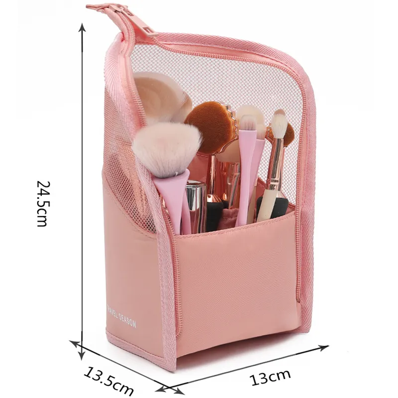 Nylon Cosmetic Bag Stand Makeup Bags Women Clear Zipper Makeup Case Travel Female Makeup Brush Holder Organizer Toiletry Bag