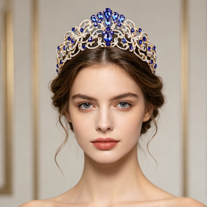 <span class=keywords><strong>Couronne</strong></span> de Mariée de Luxe Baroque Bleu Royal en Cristal, Tiara de Reine Plaqué Or avec Strass, <span class=keywords><strong>Couronne</strong></span> Vintage pour Mariage et Concours de Beauté - Product Image 1