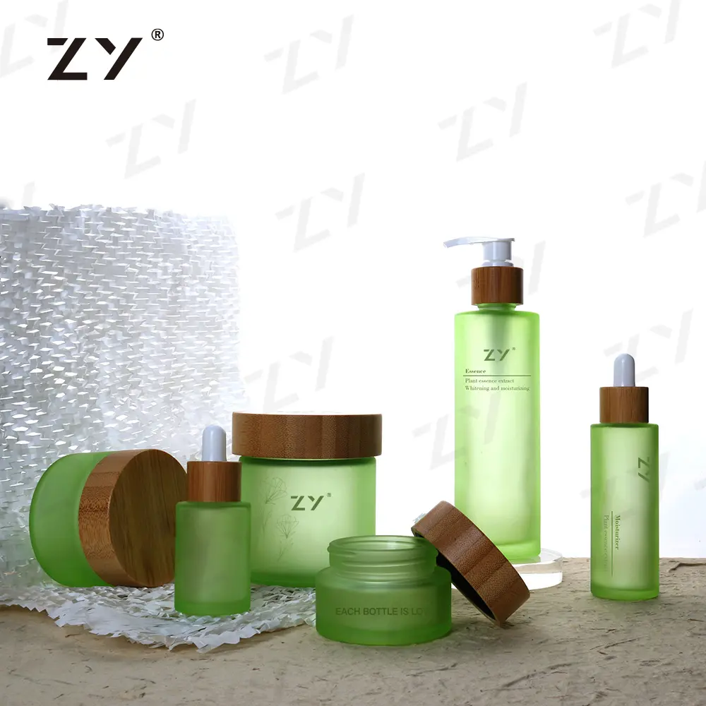 empty custom 2oz 10g 30ml 50ml 100ml Green round Bamboo Body Butters cream cosmetic container frosted Glass Jars With Lid