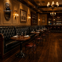Ensemble de mobilier de restaurant de luxe Ron Group : Table ronde en bois, chaises en bois courbé, tabourets de bar, banquette en cuir capitonnée à dossier haut