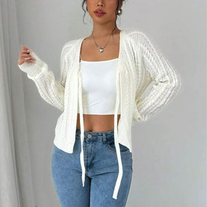Cárdigan de diseño de punto de cordel con <span class=keywords><strong>cuello</strong></span> en V desabotonado, nuevo suéter blanco informal Vintage con correa de lazo para <span class=keywords><strong>mujer</strong></span> - Product Image 4