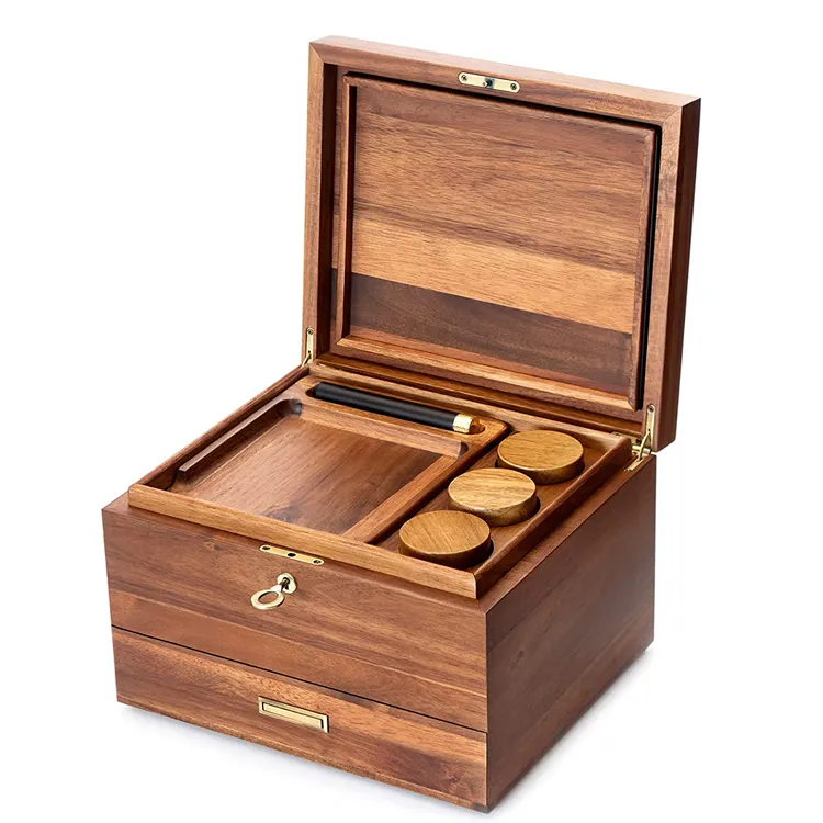 Custom Portable Hash Storage Box Rolling Tray 2 Layer Herbs Smoking Accessories Set Organizer Acacia Wooden Stash Box With Lock