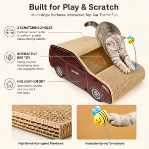 <span class=keywords><strong>Griffoir</strong></span> pour <span class=keywords><strong>chat</strong></span> en <span class=keywords><strong>carton</strong></span> ondulé en forme de voiture, personnalisable avec logo OEM, vente en gros d'usine, avec jouet interactif abeille - Product Image 3
