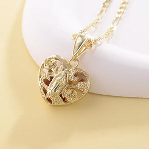 Collar con Colgante de la Virgen María con Corazón de Flor de Guadalupe, Oro de 14k, Cadena de 60cm, Joyería Religiosa - Product Image 3