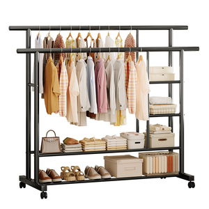 Appendiabiti in <span class=keywords><strong>Ferro</strong></span> Personalizzabile a Doppia Asta con Ruote, 2 Ripiani Inferiori e 2 Ripiani Laterali, Design Rinforzato, Smontabile per Camera da Letto e Soggiorno - Product Image 3
