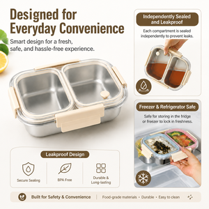 304 Stainless Steel <b>Lunch</b> <b>Box</b> 2 Compartments Leakproof Seal Lid Rectangle Shape Stackable Modern Design Beige Yellow Blue-<b>Pink</b> - Product Image 3