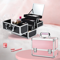 Trousse de Maquillage Portable avec Miroir, Organisateur de Maquillage à 3 Niveaux, Valise Cosmétique de Voyage, Rangement avec Porte-Pinceaux Amovible