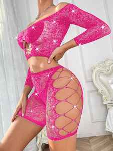 Lencería Erótica de Dos Piezas con Malla Transparente, Sexy y Chic, con Hombros Descubiertos y Manga Larga - Product Image 3