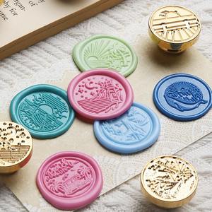 Série de tampons à cire de sceau pour journal de voyage, tête ronde en cuivre, pour la décoration et l'utilisation en journal. - Product Image 3