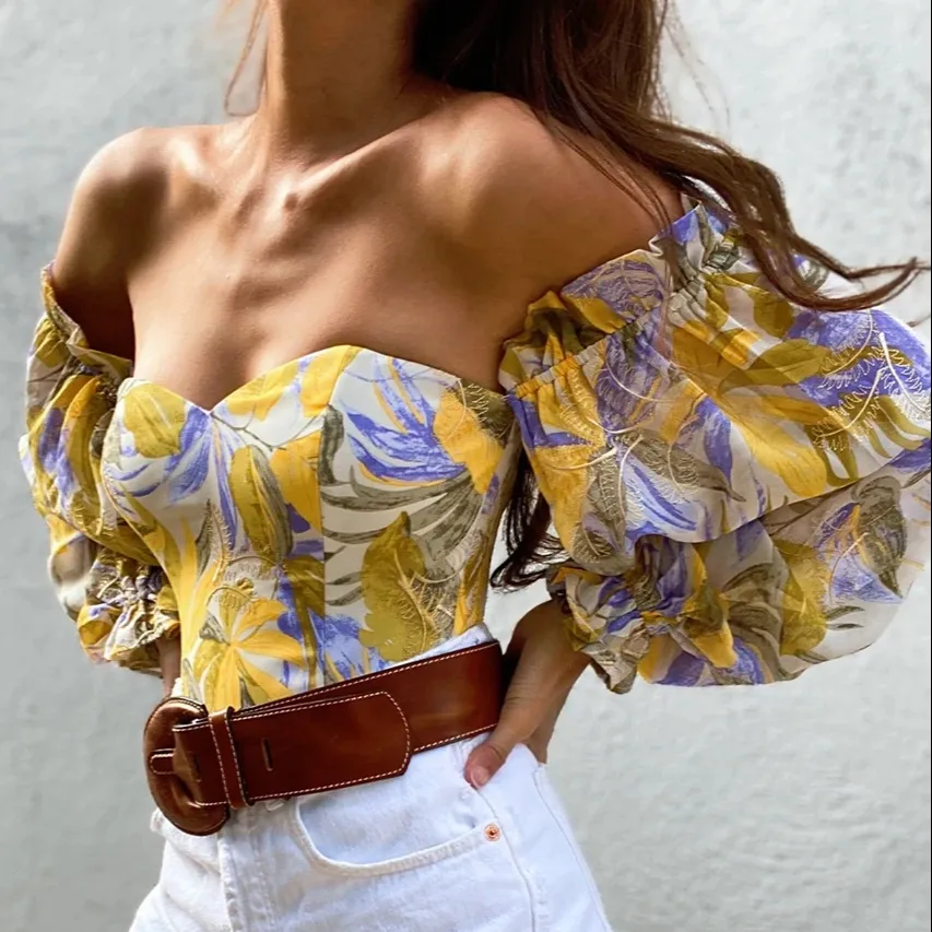 Summer Women's Sexy Floral Print Blouse Off Shoulder Lantern Sleeve Tube Tops Ladies New Fashion Streetwear Slim Blouses