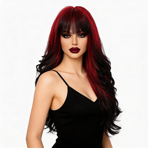 Perruque complète pour femme style européen et américain, <span class=keywords><strong>dégradé</strong></span> bordeaux, franges, fibres haute température, <span class=keywords><strong>cheveux</strong></span> longs ondulés, usage quotidien - Product Image 1