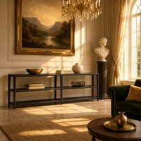 Table console basse noire en bois massif avec pieds coniques, au design moderne, élégant et luxueux, pour la maison, la villa, l'hôtel