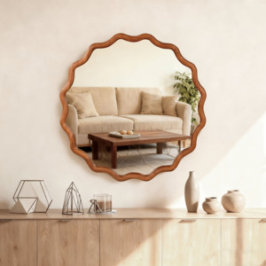Yellowish Brown 30 Inch Wavy Round Solid Wood Frame Decorative <b>Mirror</b> For Bedroom Bathroom Living Room Entryway - Product Image 2